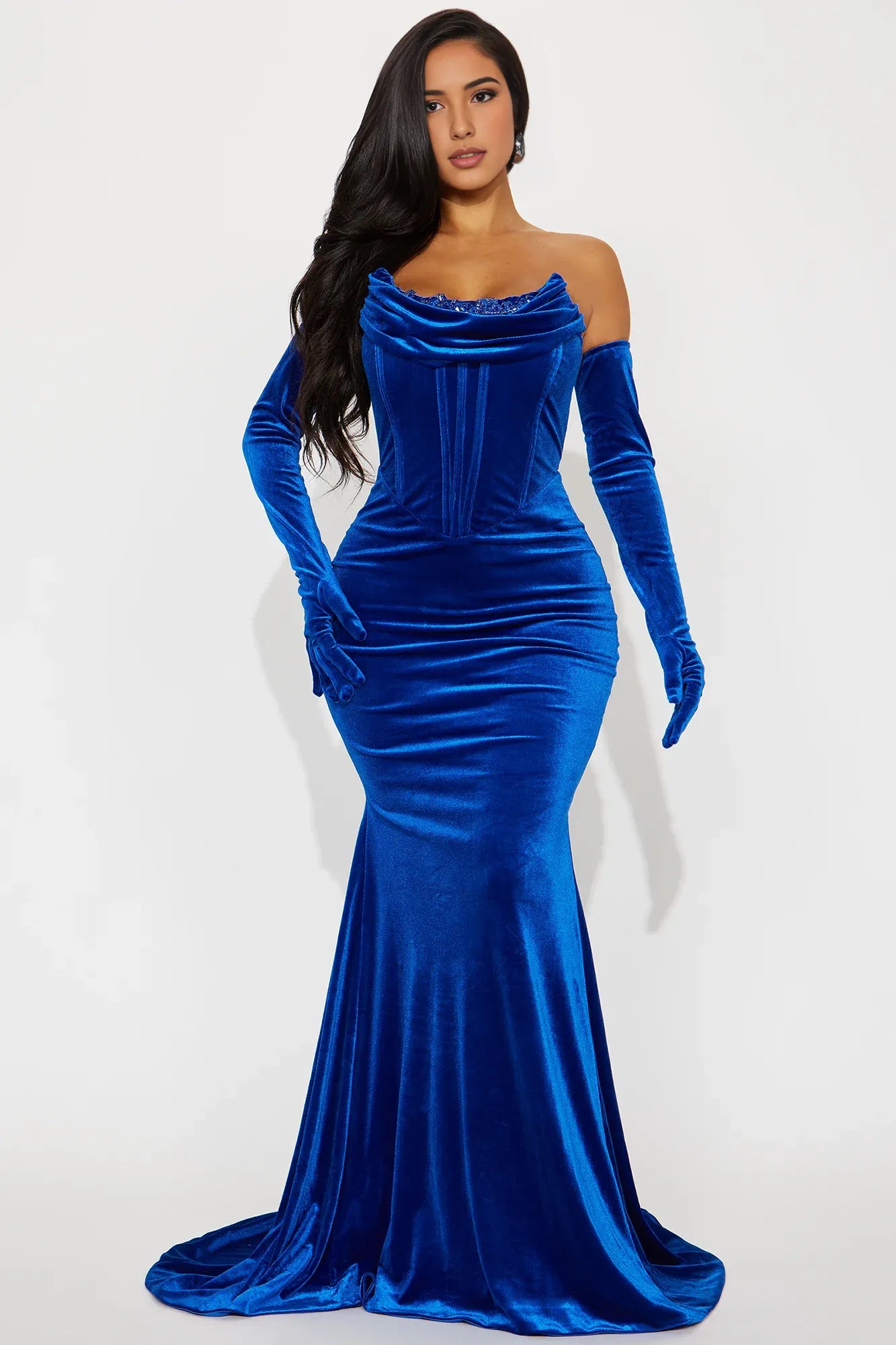 Vestido Weitese de terciopelo azul real, largo, sin tirantes, con hombros descubiertos, estilo sirena, para fiesta